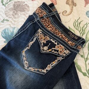 Grace in LA Women's Dark Blue Jeans. 29. Animal print inset.